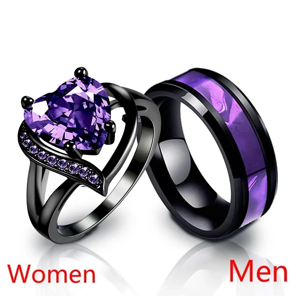 Fashion Couple Rings Romantic Women Heart Purple Rhinestones Zircon Ring Trendy Men Stainless Steel Rings Wedding Band Jewelry