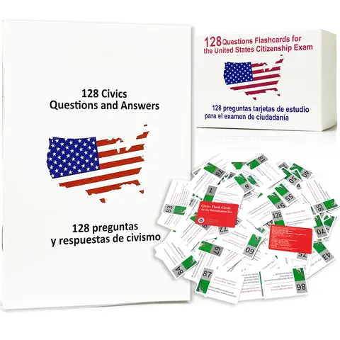 STICQUE Portable 2026 US Citizenship Learning Flashcards (1 Set, Flashcards for Studying) - 128 Official Questions & 128 Q&A, Civics, English Literacy, English-Spanish Booklet, Durable Card Stock, Safe Material, Compact Travel Prep, Solo Study Ready