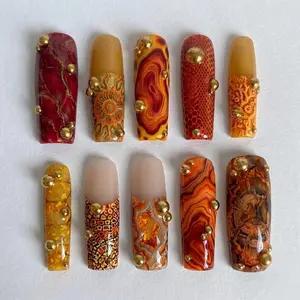 Amber Marble Press On Nails | Gold Stud Luxury Nail Art | Autumn Earth Tone Square Nails
