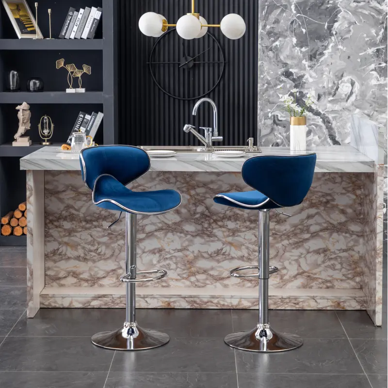 Masaccio Velvet Upholstered Adjustable Swivel Barstool, Set of 2, Blue/Green/Gray/Yellow Furniture Luxury