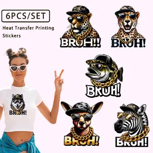 2D digital printing technology 6PCS/SET Cool Animal Heat Transfer Printing Stickers, Including Leopard, Fish, Kangaroo, Zebra and Other Styles, Suitable for DIY T-Shirt, Hoodie, Hat, Jeans, Cre