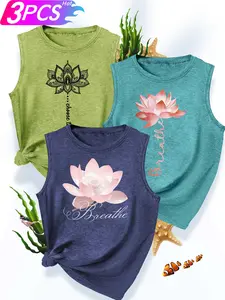 Women's 3Pcs Crew Neck Tank Tops, Sleeveless, Lotus & Breathe/Kindness Slogan Combo Print, Multiple Colors Available, Machine Washable, Spring & Summer Tops, Soft Skin-Friendly Fabric, Daily Versatile, Fashion Design