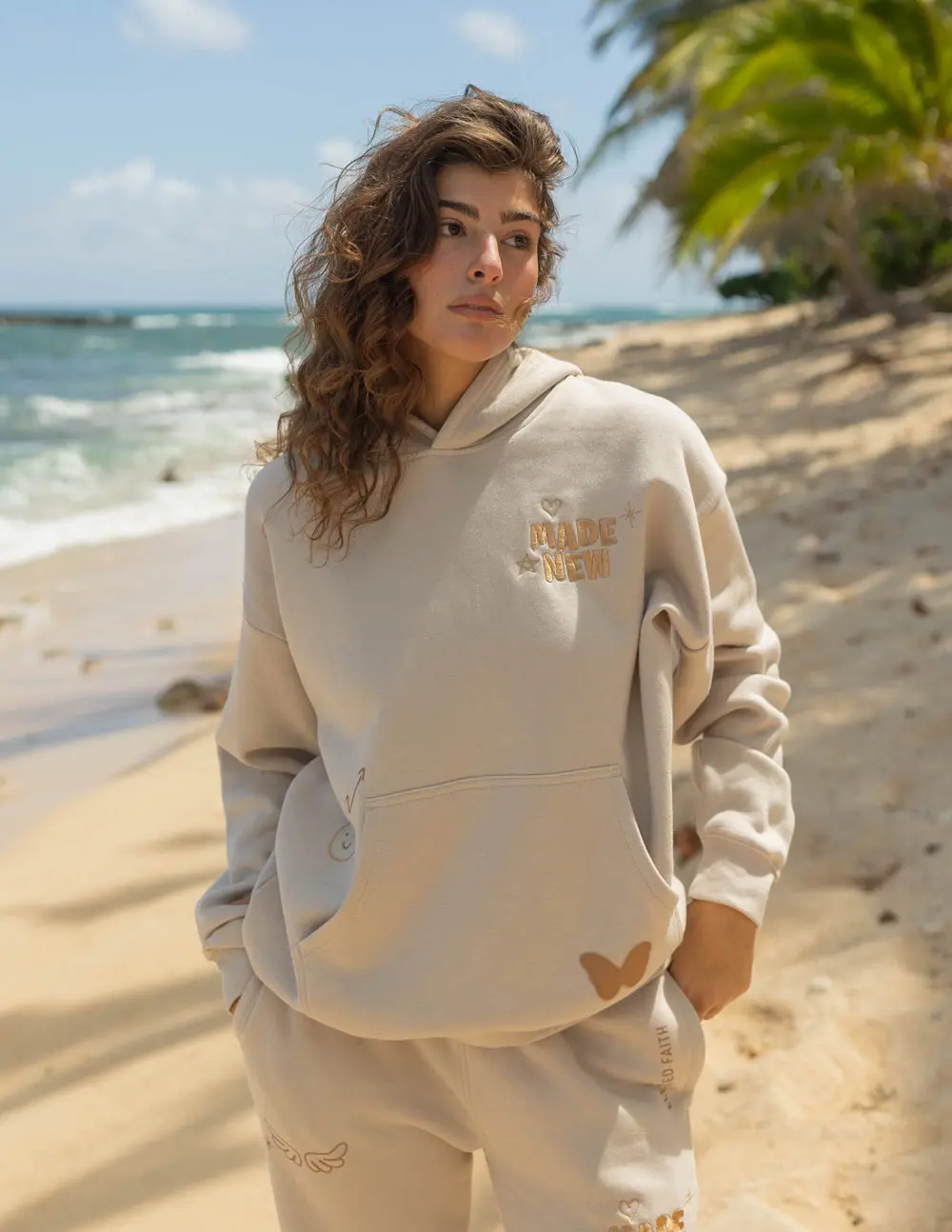 Women's Long-Sleeve Casual Hoodie - Biblical-Themed, Gender-Neutral, Cream Cotton-Polyester Top with Embroidery, Biblical-Themed Women's Hoodies, Gender-Neutral Women's Hoodies