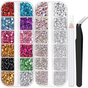Two Packs of Flatback Rhinestones 4520 Pcs Crystal, Colorful Rhinestones for Nails, Multicolored+ AB+Transparent White Gems with Picker Tools for Bedazzling Nail Crafting Face Makeup