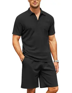 COOFANDY Men's Waffle Knit Polo Shirt and Shorts Set 2 Pieces Outfits Summer Suit Casual Tracksuit with Pockets