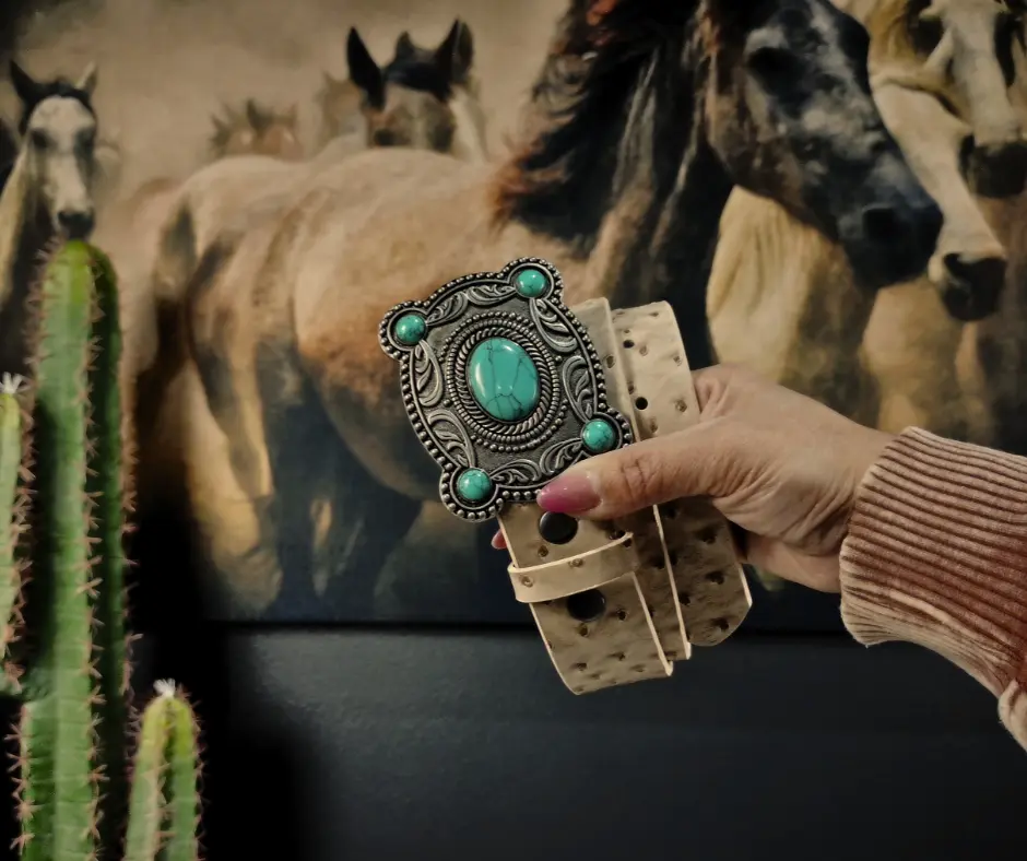 Western Ostrich Print Belt with Real Turquoise Stone Silver Buckle, 1.5" (38mm) Faux Leather Strap with Leather Lining, Durable and Stylish, Real Turquoise Stones, Western Charm, Conch, Animal Print, 1.5" Wide, 3.4" X 2.8", Belts, Silver Turquoise Buckle