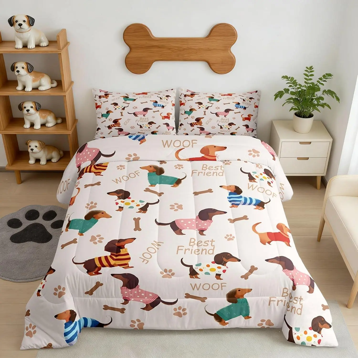 Cute Dachshund Comforter Set for Kids Adults,Cartoon Puppy Long Body Bedding Comforter Set,Dog Footprint Bone Silhouette Quilt Comforter