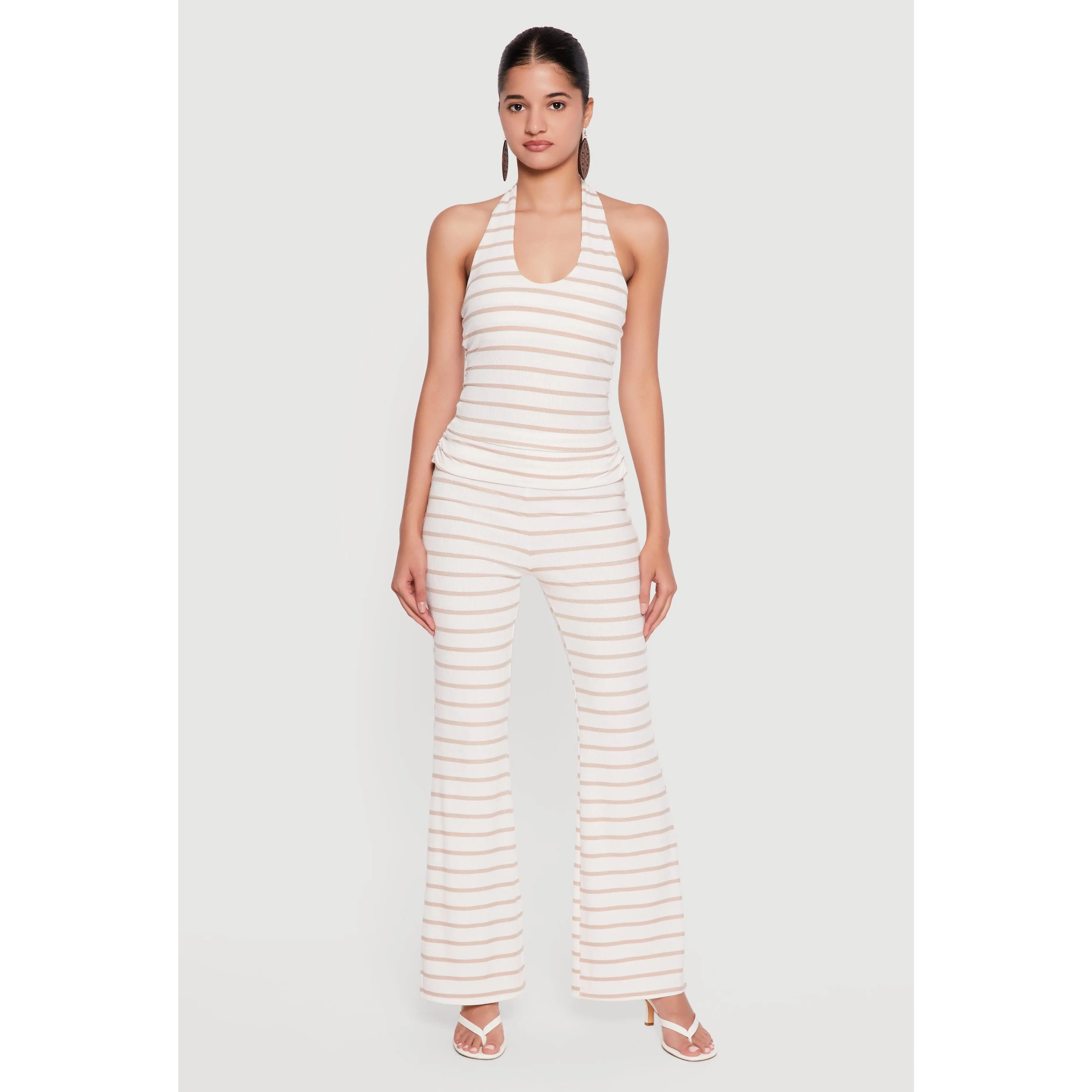 Striped Side Ruched Fold Over Waist Flare Leg Pants