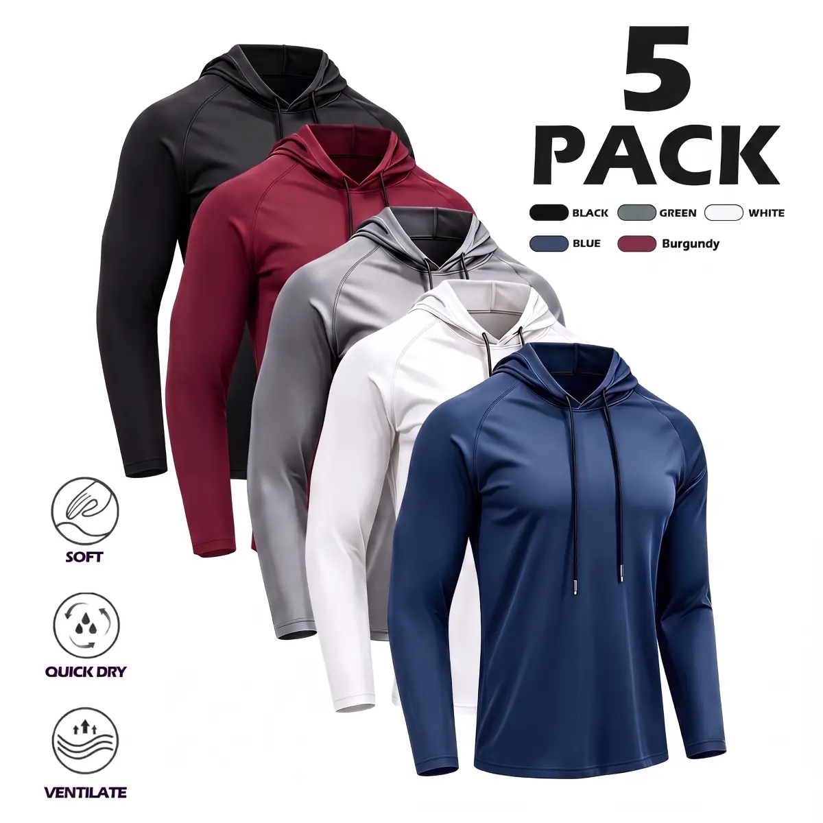 Men's 5-Pack Quick Dry Hoodies - Long Sleeve Polyester Athletic Shirts with Raglan Sleeves, Breathable Moisture Wicking Gym Tops for Running, Workout & Outdoor Sports