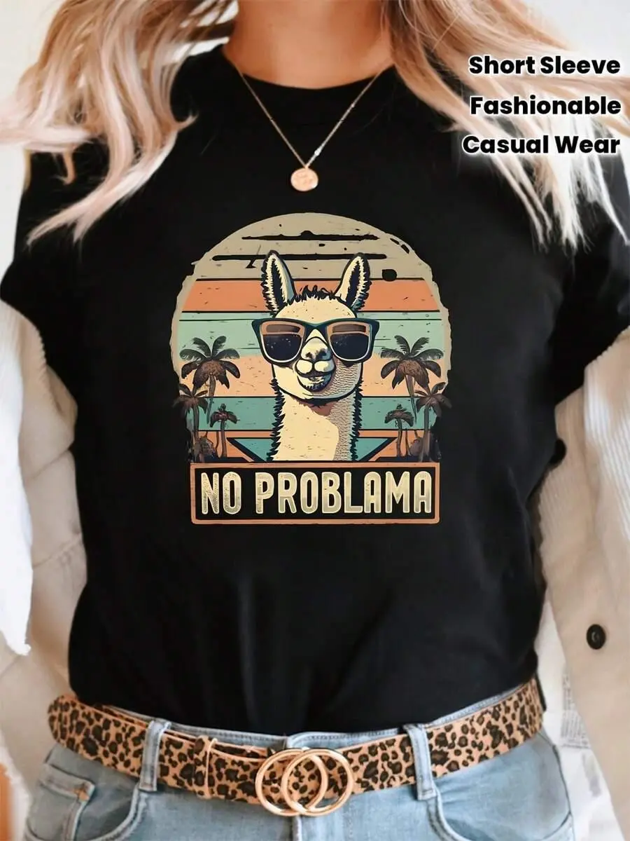 Cool And Stylish Alpaca Graphic Print Women'S Round Neck Short Sleeve T-Shirt For Casual Outings And Holiday Gifts, Featuring A Vintage, women Retro Turquoise Cowboy Gamble chic