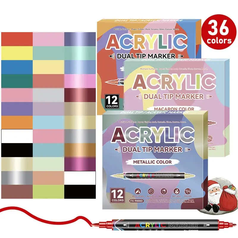 36 Color Acrylic Dual Tip Markers Set, Skin Tone Metallic Pearl, Macaron Girl Heart Colors, Waterproof Durable Art Supplies