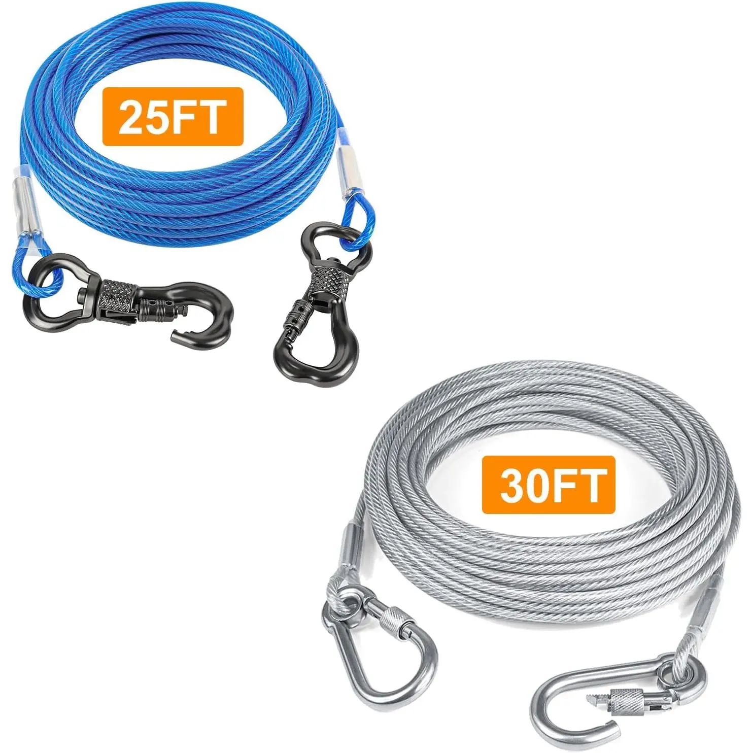 25FT & 30FT Reflective  Tie Out  for Dogs, Steel Wire  Leash  with Stainless  Fix Buckle, Lightweight and Durable,  Chains Outside for Outdoor,Yard,Camping