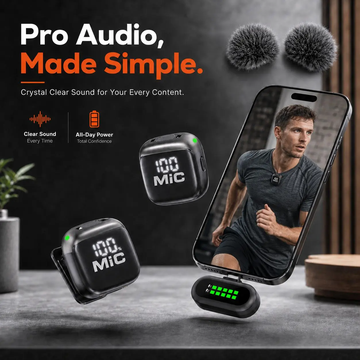 KUKIHO T98 2-Piece Wireless Lavalier Microphone with Built-in Batteries, LED Power Display, Auto-Sync Noise Reduction, Mute Function, 65ft (20m) Range, Plug-and-Play for iPhone/Android, iPad for Vlog, Live Stream, Portable Mic, Batteries Built-In