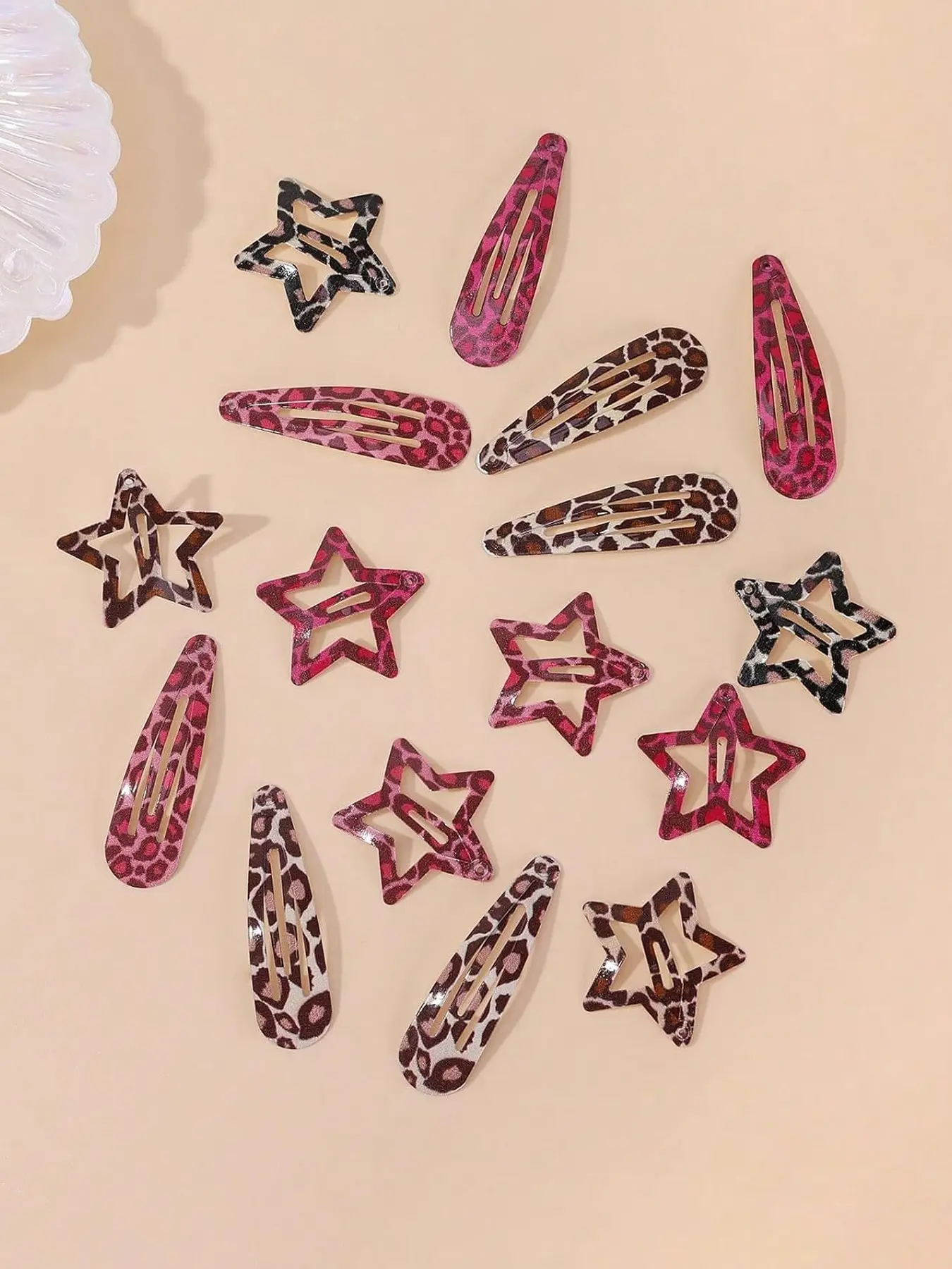 Metal Snap Hair Clips,8 Pairs Hair Barrettes for Women - Star & Water Drop Hair Barrettes, Non-Slip Y2K Accessories for Thin Thick Hair,Pink and Brown Leopard Print, Hair Clip Set, Hairclips