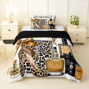Brown Leopard Cheetah Print Bedding Set,| Fashion Modern Luxury Comforter Set for Kids Girl Women Perfume High Heels Girly Quilt Duvet Set,Trendy Stylish Girls Bedding Collections