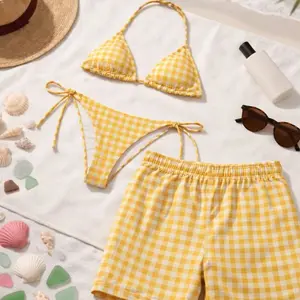 Yellow Gingham Couple Matching Swimwear Set, Classic Checkered Bikini and Board Shorts Beach Vacation Romantic Couple Outfit MSQ