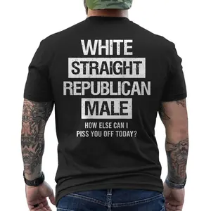 White, Straight, Republican, Male - Funny Republican ON BACK T-Shirt, Short Sleeve Printed Graphic Shirt, Daily Casual Cotton Menswear