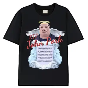 Funny printed T-shirt Men'S Humorous RIP John Pork Meme T-Shirt - Featuring a Humorous Pig Design with Angel Wings And Red Lettering.jpg 100% Premium Cotton T-shirt