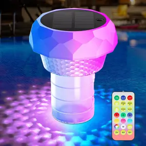 Solar pool chlorine float with RGB discoloration, anti-sink pool chlorine dispenser with adjustable release outlet, pool light with remote control float, 8 lighting, timing mode, IPX68 indoor pool waterproof, pool party, bath, fish pond, pond, fountain
