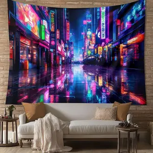 City Neon Lights Pattern Tapestry, Urban Street Art Tapestry, Large Wall Decor, Living Room Bedroom Dorm Aesthetic Backdrop