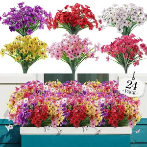 24pcs Artificial Flower Bouquet, Outdoor Garden Decor, Fade-Resistant Plastic Flowers, Realistic Plants, Hanging Pots, Indoor & Outdoor Decoration, Artificial Mixed Flower