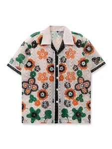 Printed Blouse, Unisex Peach Top, Floral, Boho Hawaiian Style, Couple Shirt, Casual Vacation Wear, Short Sleeve