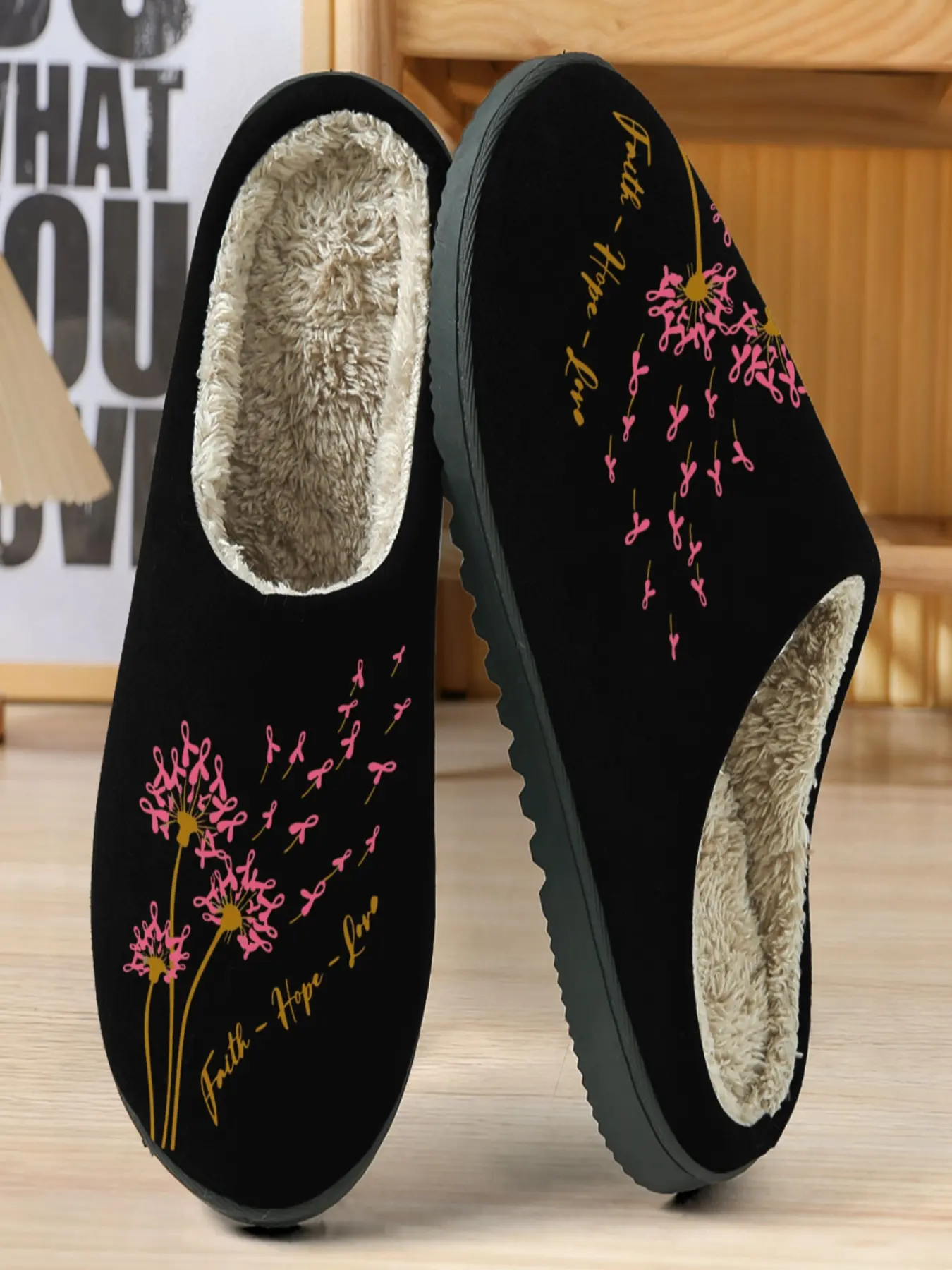 Ribbon Charity Slippers, Base with Ribbon, Faith Hope Love Slogan, Soft Plush Lining, Casual Home Shoes