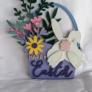 Bunny Basket - Decorative Basket with "HAPPY Easter" Text, Floral Accents, and Bunny Design, Purple Color shown Shelf Display