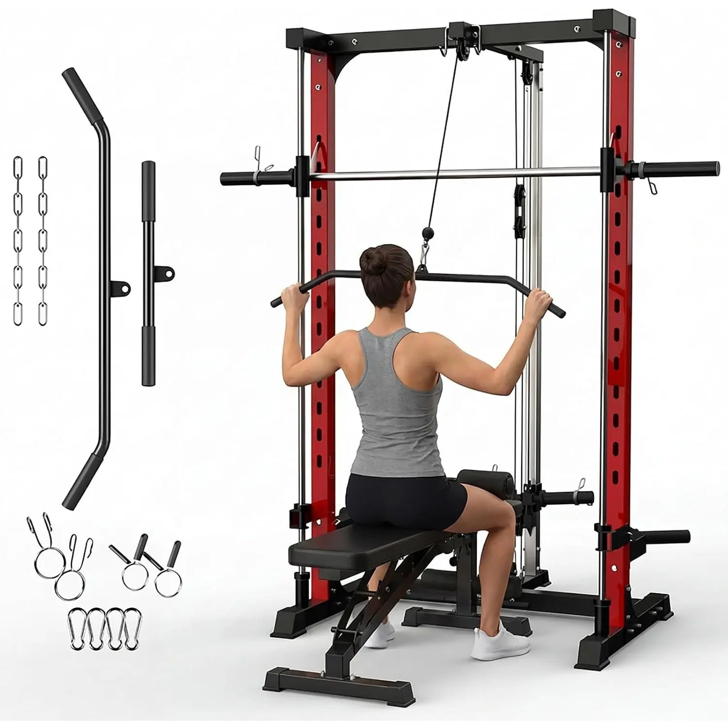 GARVEE Smith Machine Home Gym, 1000LBS Multi-Functional Smith Machine with Squat Rack & LAT Pulldown System, Power Rack Power Cage with Barbell Bar