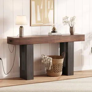 63 in Farmhouse Console Table for Entryway, Slim Sofa Table Behind Couch with Charging Station, Narrow Wooden Entry Furniture for Hallway Foyer Living Room