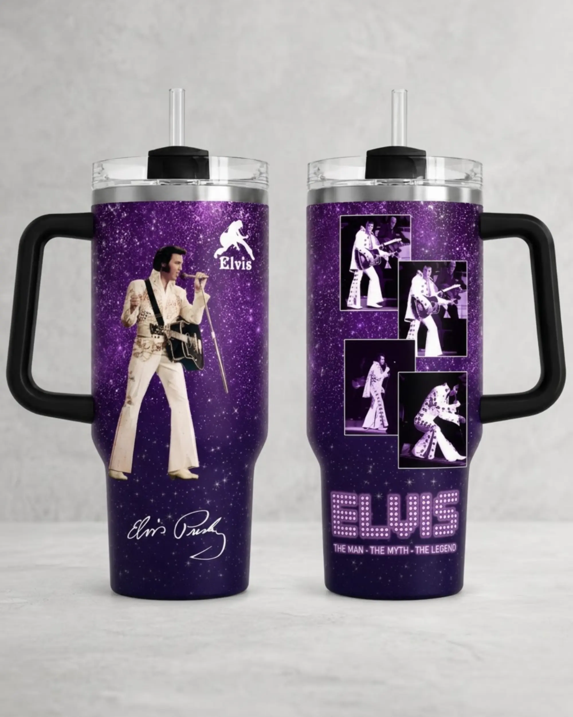 Elvis Presley Tumbler Cup with Handle, Purple Glitter Stage Performance Collage, King of Rock and Roll Fan Gift, Travel Cup