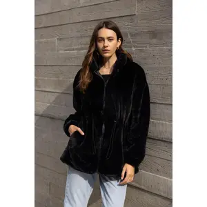 Fluffy Faux Fur Coat with Waist String - Black