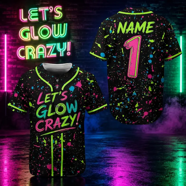 Let's Glow Crazy Baseball Jersey, Custom Neon Blacklight Party Team Shirt