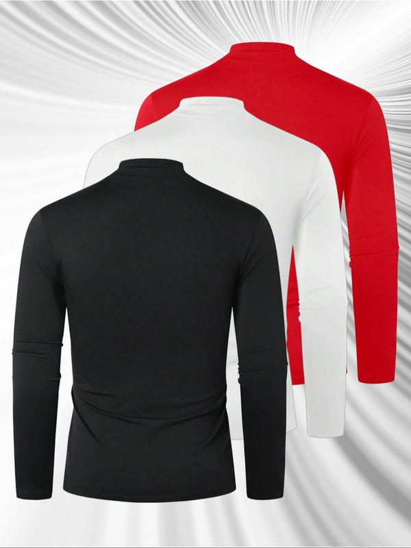 3pcs Men's Solid Color Casual Turtleneck Long Sleeve T-Shirt, Mens Fall And Winter Base Shirt, Men's Spring High Neck Shirt, Men's Summer Half High Neck Shirt, Men'S Casual Top Jacket, Suitable For All Seasons Of Casual Items