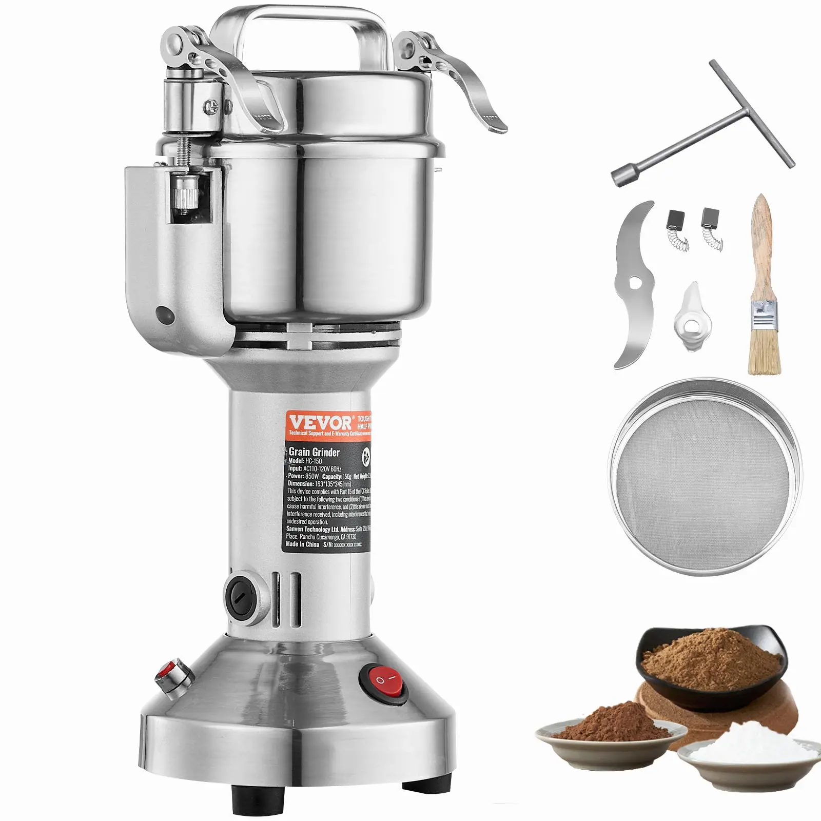 VEVOR Corded Power 2000W Electric Grain Milling Machine - 28000r/min Stainless Steel Automatic Pulverizer with Overload Guard, 750g/550g/300g/150g Small Model for Dry Grains, Spices#SohoChic