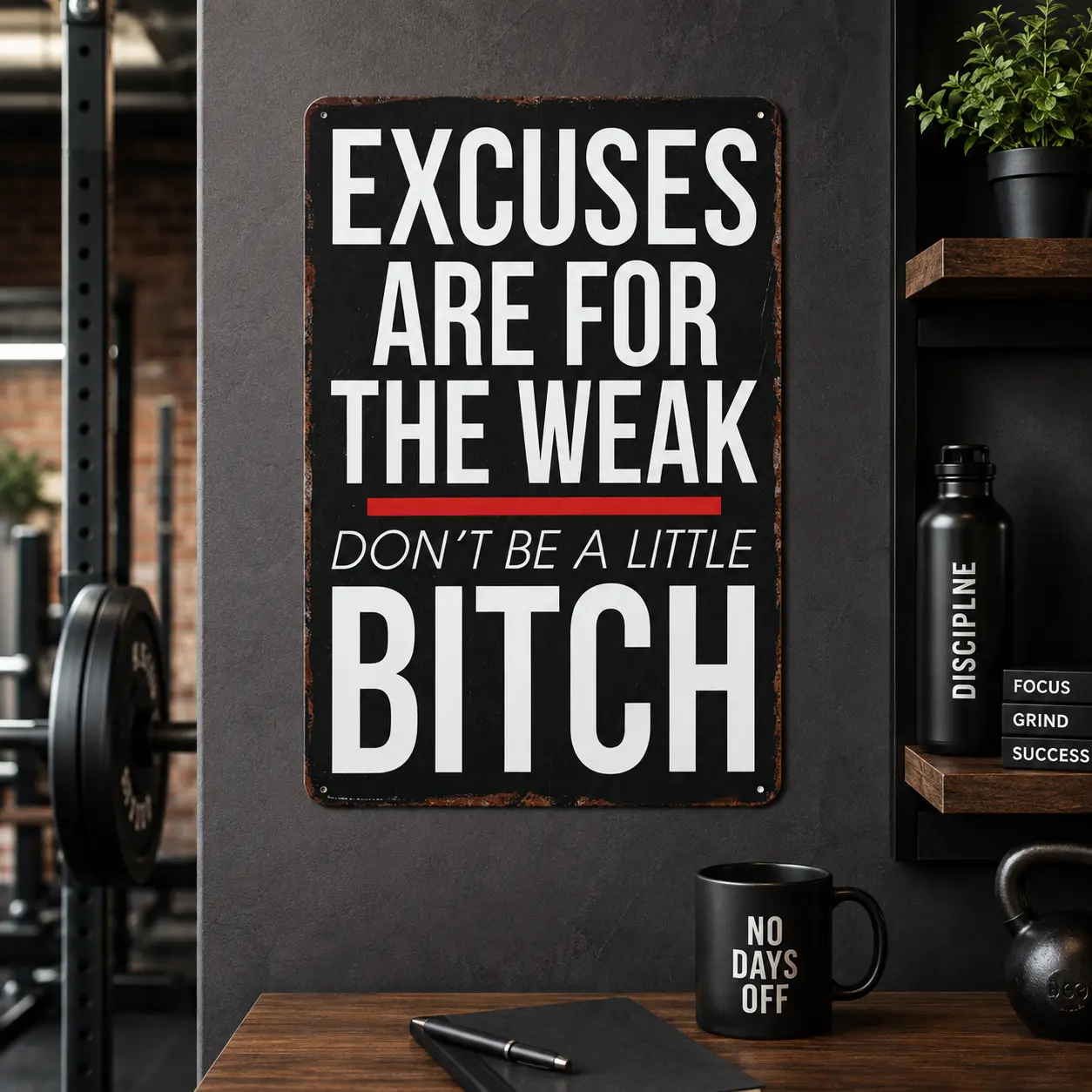 Motivational Aluminum Metal Sign "Excuses Are for the Weak Don't Be a Little Bitch" Inspirational Quote Wall Plaque, Home Office Gym Wall Decor, Desk & Hanging Novelty Signage