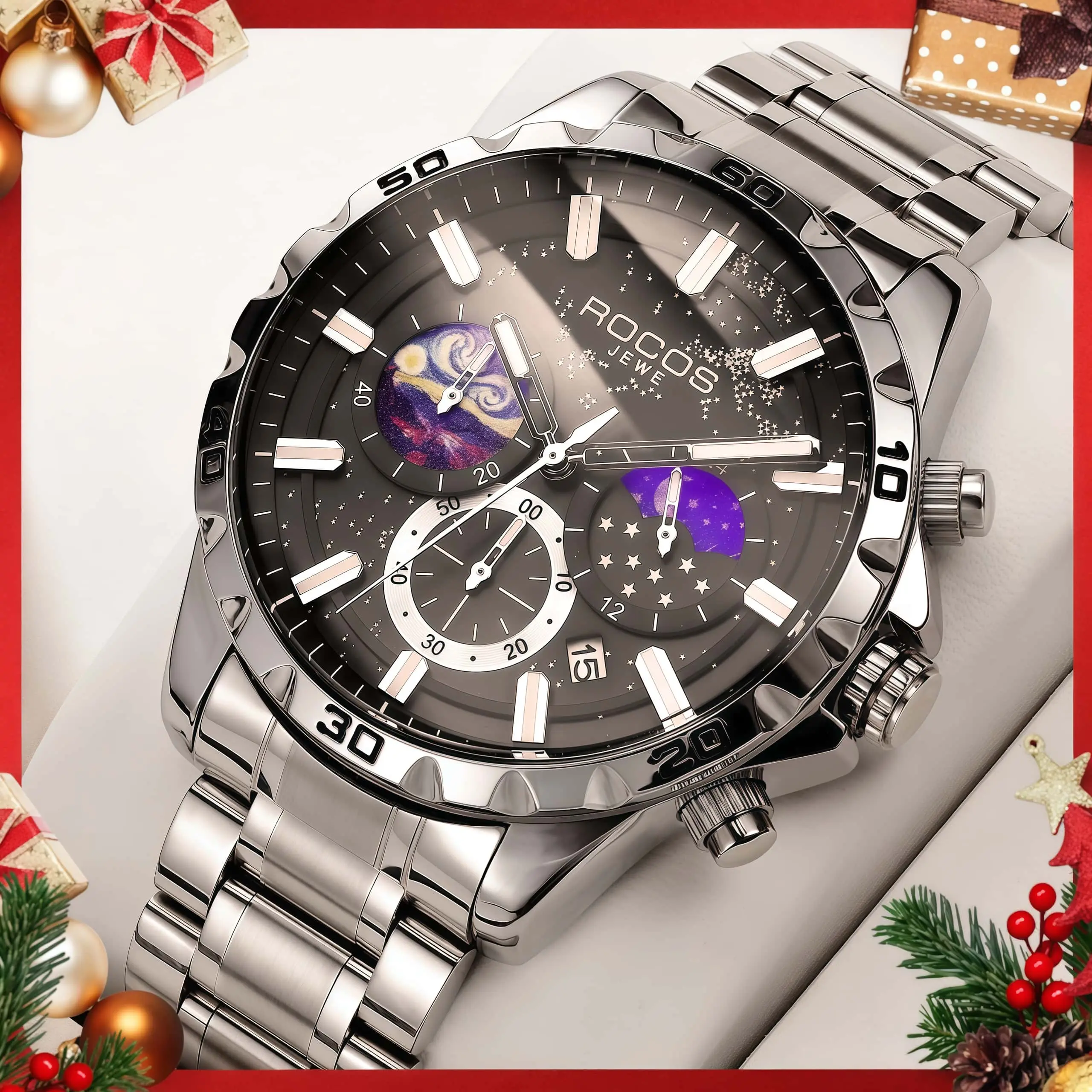 ROCOSJEWE Men's Chic Wristwear, a Casual Trendy and Modern Fashionable Stainless Steel Accessory with Iced Jewel Accents and Luminous Dial, Casual Trendy Wristwatch, Modern Fashionable Wristwatch, Water Resistant