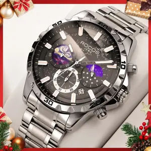 ROCOSJEWE Men's Luxury Business Fashion Watch Waterproof Luminous Black Blue Large Dial Steel Stainless Steel Design Jewel Iced Watches Modern Fashionable Wristwatch Casual Trendy Wristwatch