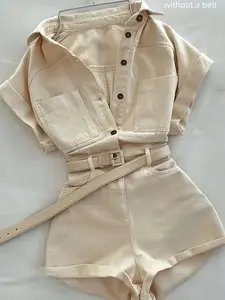 New Casual Workwear Fitted Romper for Women, Multi-Pocket Short Sleeve Shorts Dress, Comfortable and Stylish for Daily Wear