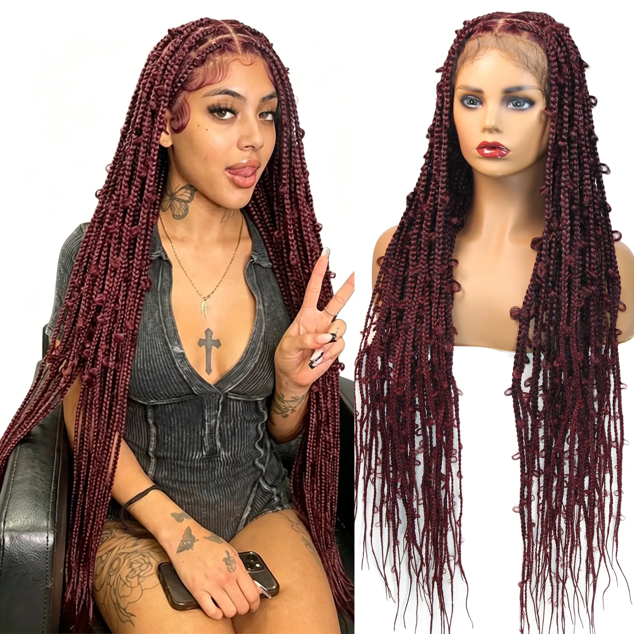 Synthetic Butterfly Braided Wigs Full Lace Cornrow Braids Wigs Bohemian Knotless Box Braided Wig Burgundy Colored Braiding Wig For Black Women With Baby Hair