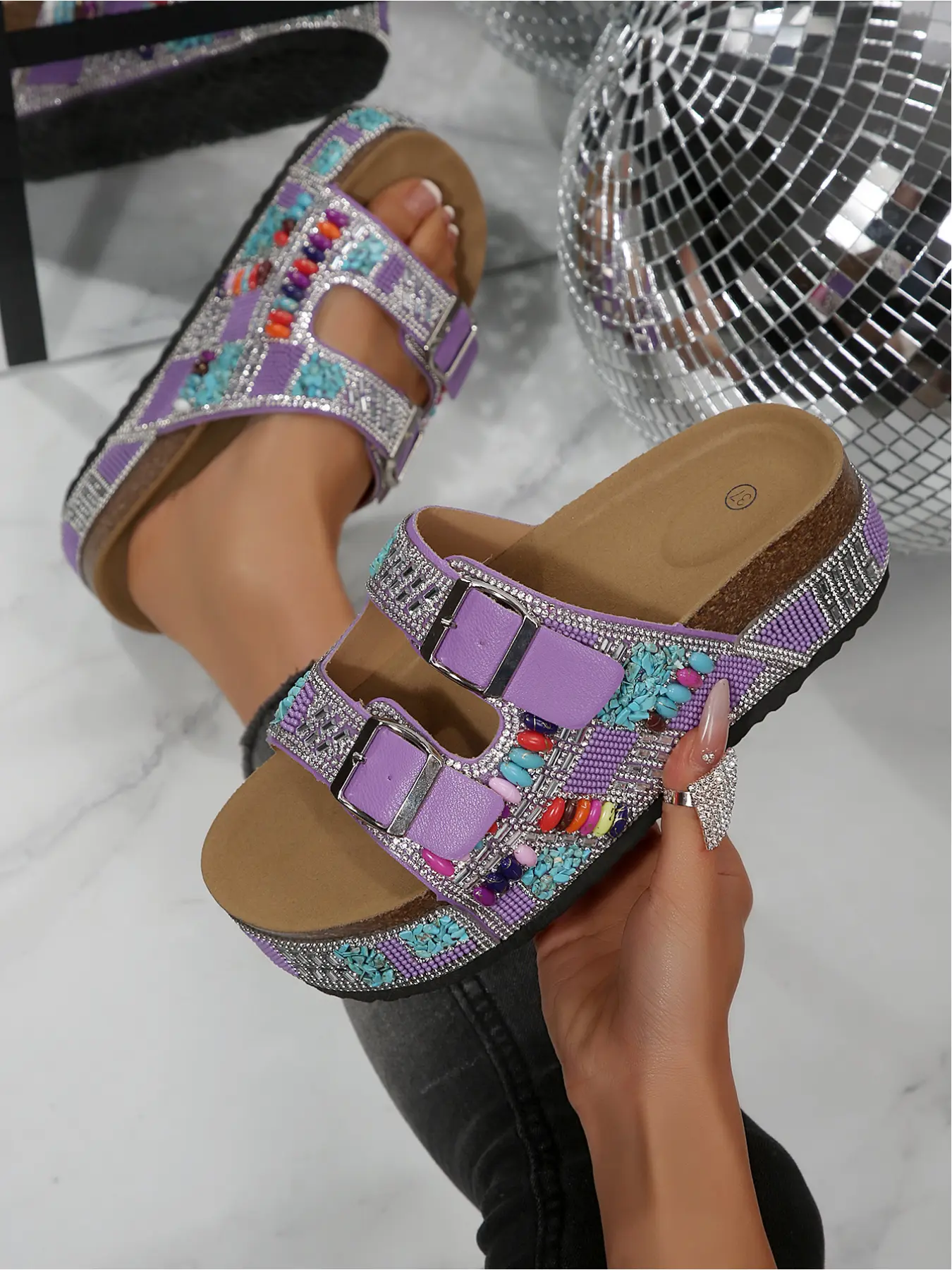 Women's Summer Fashion Thick Sole Sandals Bohemian Style Platform Slides Wedge Sandals Casual Wedge Sandal 2026 New Arrival Strappy Metal Buckle Studs Decorated Height Incr Beach Shoes
