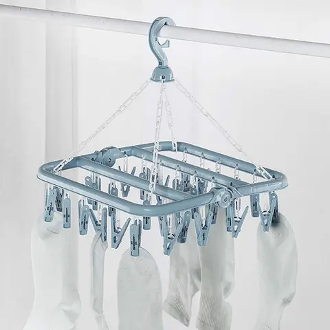 Modern Glossy Multifunctional Folding Hanger - Light Blue, 32-Clip Fast Hang, Sturdy Resin Clips, Foldable Space-Saving Organiser, Adjustable Hook, Non-Rusting Wire Springs, Hook Attachment Hangers & Pegs, Ideal for Home Laundry