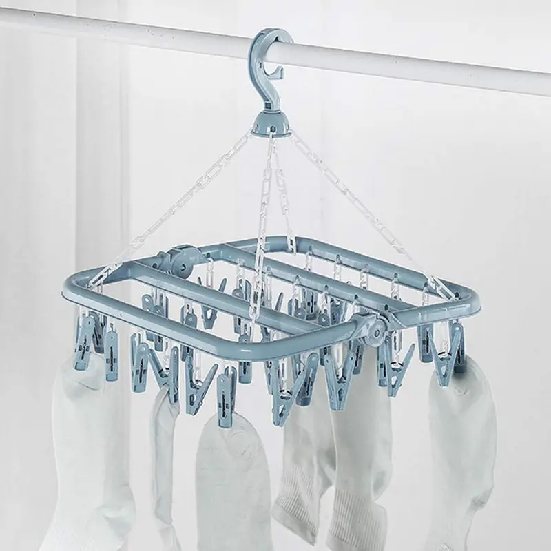 Modern Glossy Multifunctional Folding Hanger - Light Blue, 32-Clip Fast Hang, Sturdy Resin Clips, Foldable Space-Saving Organiser, Adjustable Hook, Non-Rusting Wire Springs, Hook Attachment Hangers & Pegs, Ideal for Home Laundry