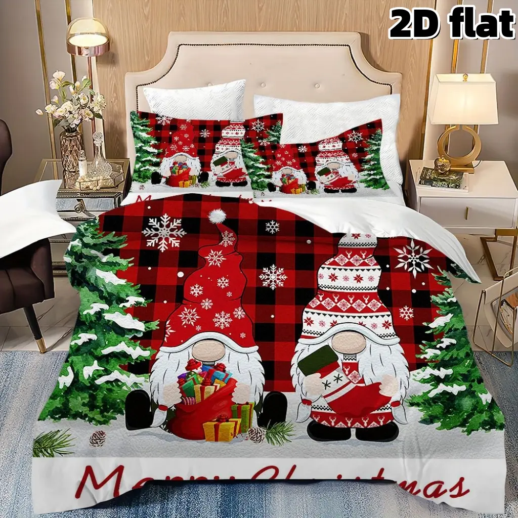 2D Flat 3Pcs Christmas Gnome Duvet Cover Buffalo Plaid Bedding Nordic Tomte Elf Snowflake Printed Comforter Cover with 2 Pillowcases Winter Holiday Quilt Cover Bedroom Dormitory Decoration Christmas Gift