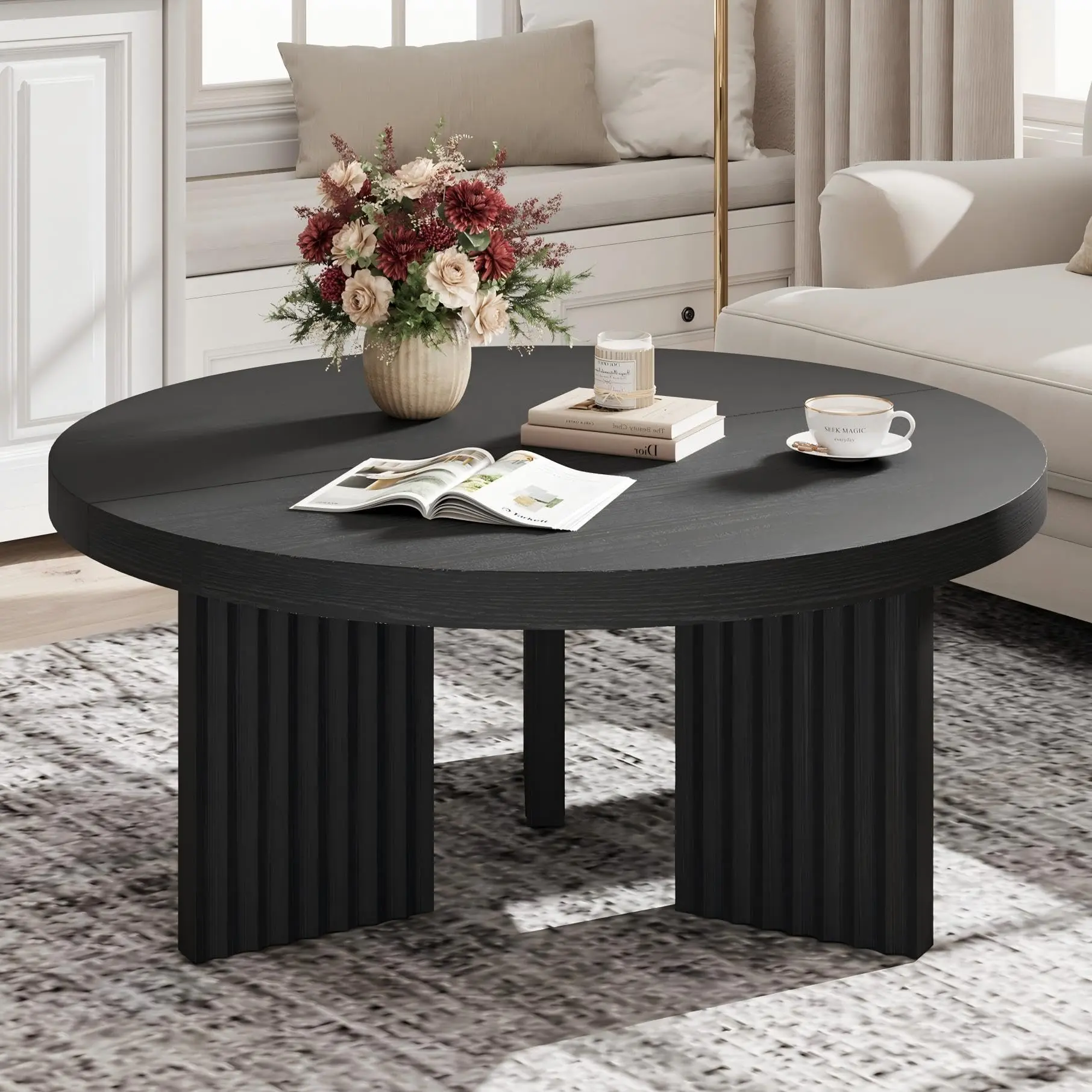 GAOMON 33.5" Round Coffee Table, Circle Center Table with Fluted Legs & 1.3" Thick Top, Accent Sofa Tables for Living Room, Bedroom, Easy Assembly, Black