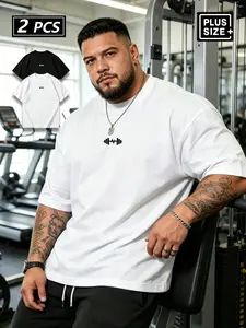 Men's Plus Size Fitness T-Shirt Set, Loose Fit Short Sleeve, Breathable Cotton Blend, Gym & Casual Wear, Street Style