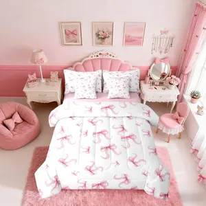 Pink Bows 7 Piece Bedding Set,Coquette Bows Comforter Set with Sheets Bowtie Bed in A Bag Fantasy Aesthetic Bed Set,with 2 Pillowcases,2 Throw Pillow Covers