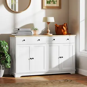 Modern White Sideboard Buffet Cabinet - Sleek Storage Console Table with Smooth-Glide Drawers, Adjustable Shelves - Versatile Living Room TV Stand, Dining Room Server for Organizing China, Glassware, Table Linens, Media Devices