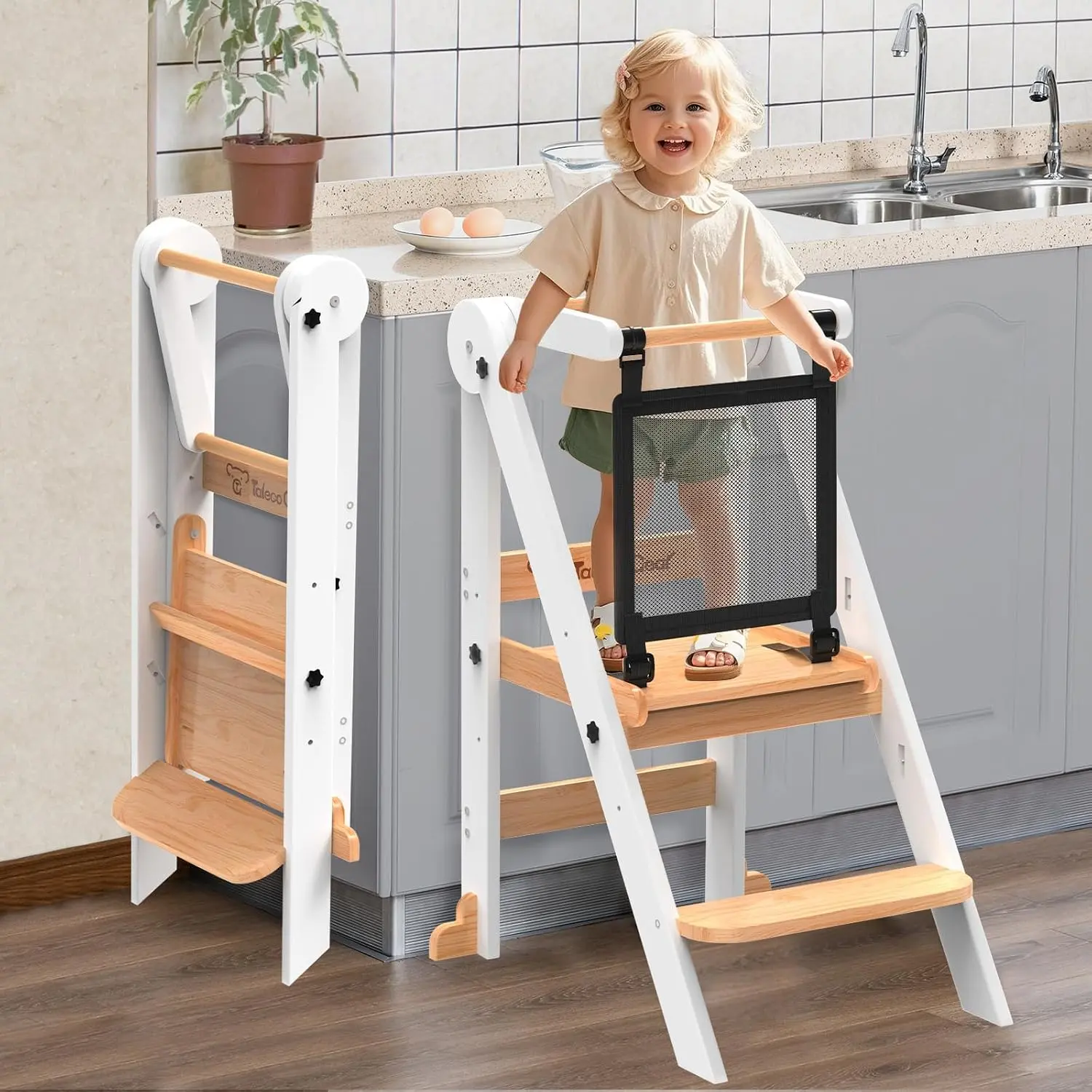 Foldable Toddler Tower, 3 Adjustable Height, Toddler Kitchen Stool Helper | Wooden Standing Tower with Safety Net ,Safety Feet,for Kitchen, Bathroom, Study Room, ect.