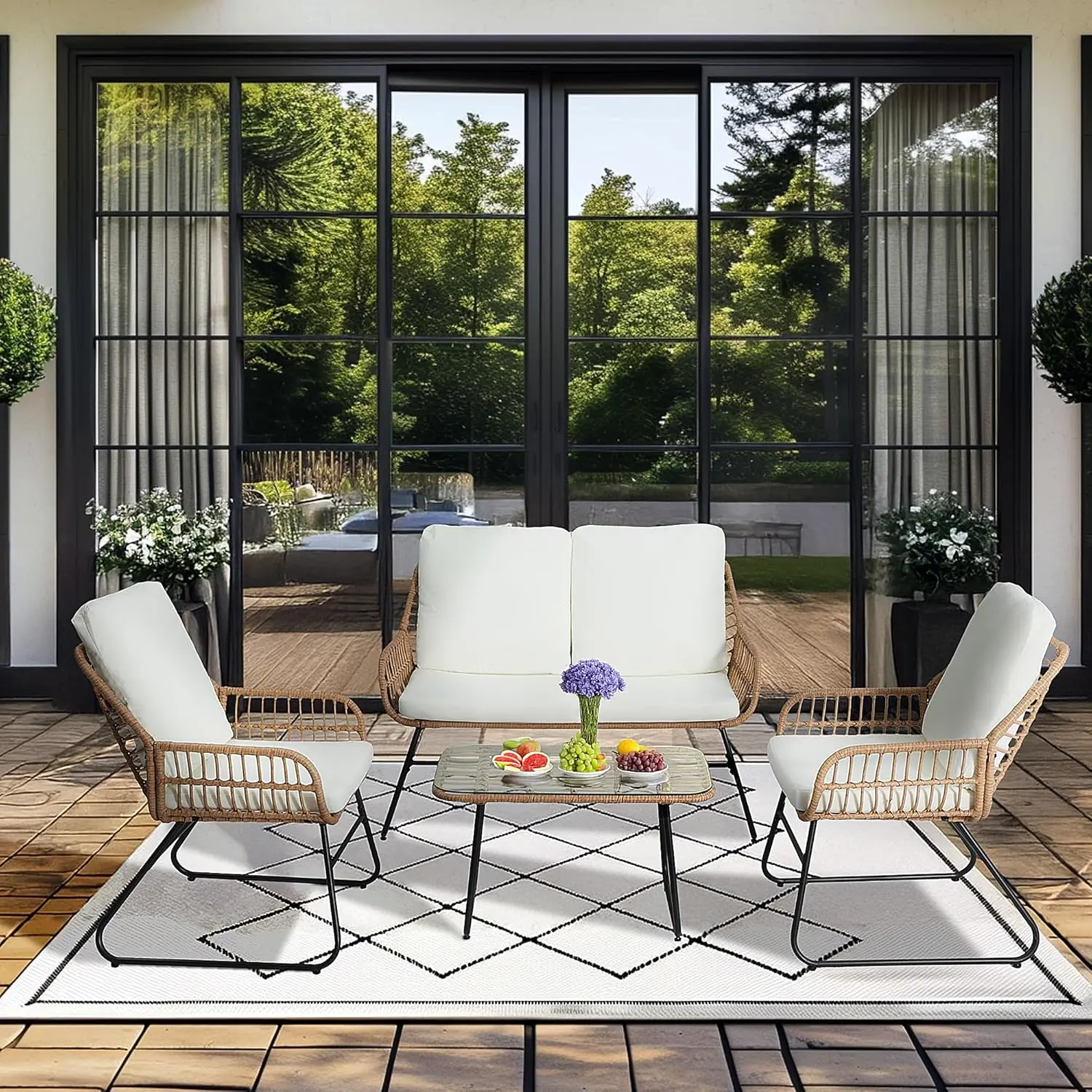 EortheX 4 Pieces Patio Outdoor Cushion Furniture Set,Patio Conversation Set,Rattan Wicker Bistro Sets with Loveseat Cushion Chairs and Modern Glass Coffee Table for Backyard Deck Balcony and Garden Lounge Spaces - Beige